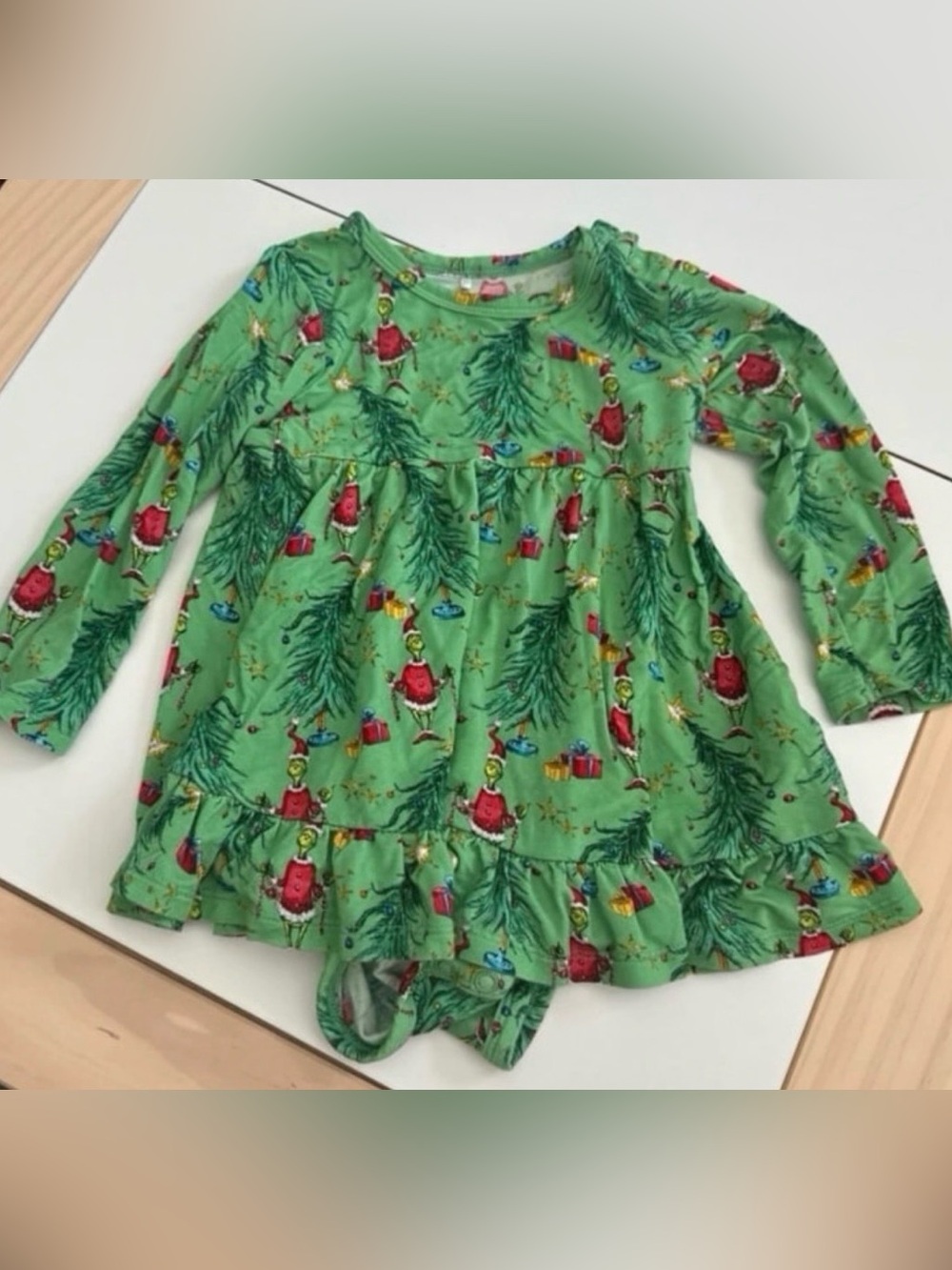 Posh Peanut Dr. Seuss Smirky Grinch Christmas Ruffled Twirl Bodysuit Dress 12-18